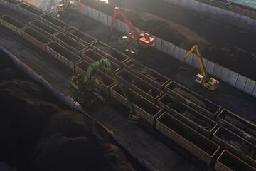 Excavators unloading coal from a cargo train.