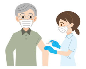看護師からワクチン接種を受ける高齢男性のイラスト/白背景	
