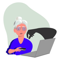 Fraud. Cyber ​​fraud. An online hacker phishing credit card information from an elderly woman. Idea for digital online cybercrime, hacking, phishing, fraud and financial security concept