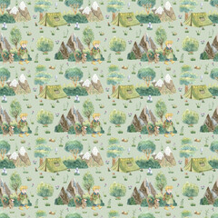 Watercolor seamless pattern with boy and dog in forest camping. Hand-drawn green background with trees, bushes, mountains, mushrooms and herbs. Texture for textiles, decoration, wallpaper.