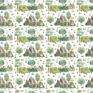Watercolor seamless pattern with boy and dog in forest camping. Hand-drawn background with trees, bushes, mountains, mushrooms and herbs. Texture for textiles, decoration, wallpaper.