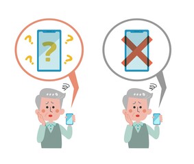 An old man who has trouble handling smartphones