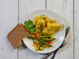 roast turkey and vegetable salads, bread.