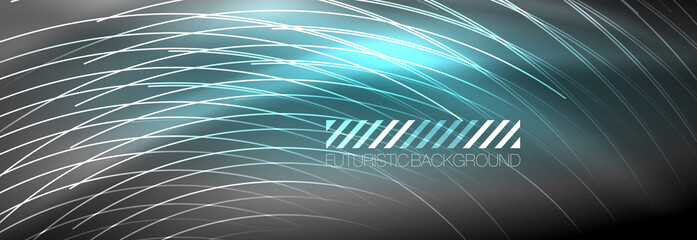 Neon glowing lines, magic energy and light motion background. Vector wallpaper template