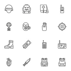 Military equipment line icons set