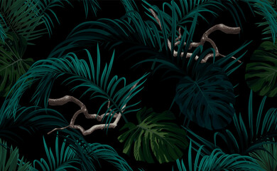 Dark tropical seamless pattern with exotic monstera and royal palm leaves. Vector illustration.