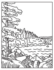 Mono line illustration of Acadia National Park along the Atlantic coast on Mount Desert Island located in Maine United States of America done in retro black and white monoline line art style.