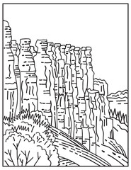Mono line illustration of hoodoos, tent rock, fairy chimney or earth pyramid in Bryce Canyon National Park located in Utah, United States done in retro black and white monoline line art style.