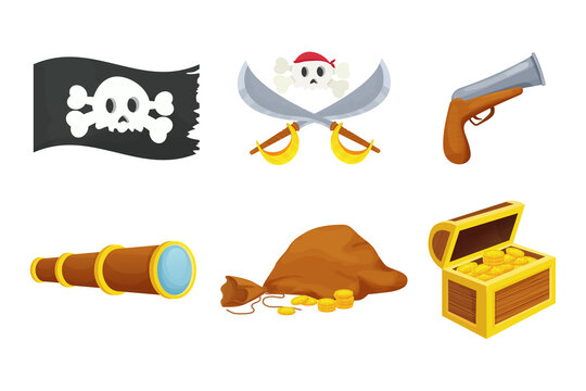 Pirate set with flag, skull and bones, gold coins, treasure with wooden chest and bag, crossed swords, spyglass and retro gun in cartoon style isolated on white background.