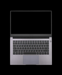 black mock up on an open laptop screen isolated on a black background top view