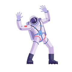 Obraz premium Astronaut or spacemen character with Hands Up and Waving Hello. Cosmonaut dancing, funny gesture. Cartoon vector illustration isolated in white background