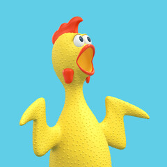 Screaming rubber chicken, surprised chicken, singing rooster isolated on blue