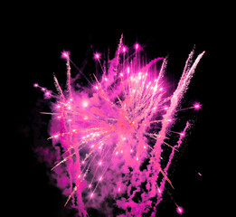 Pink firework display black night sky background isolated closeup, bright red firecracker burst pattern, purple salute explosion texture, holiday decoration festive design element celebration backdrop