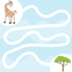 Maze game for children. Draw a line and feed cute giraffe. Help the giraffe to find tree. Activity exercise for kindergarten or preschool kids. Development of attention in toddlers. Simple labyrinth.
