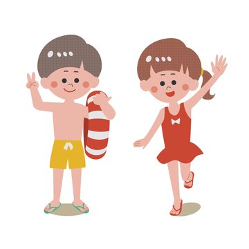Boy in yellow swimsuit and girl in red swimsuit