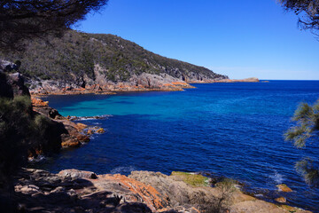 Obraz premium Beautiful scenery on the east coast of Tasmania, with red rocks and turquoise water, Australia