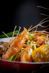 Spicy seafood bucket, Cook spicy shrimp mixed seafood Thai style, Thai foods.;