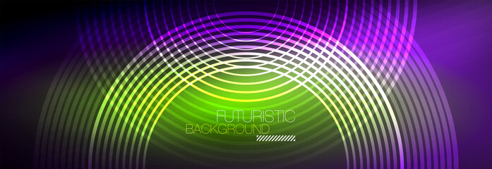 Fototapeta premium Dark abstract background with glowing neon circles. Trendy layout template for business or technology presentation, internet poster or web brochure cover, wallpaper