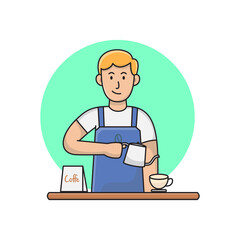 Barista Caffe, young man wearing apron pouring whipped milk into the coffee mug, coffee maker, elements