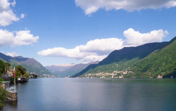 bright summer day with vibrant colors on Como lake.Lombardy, Italian Lakes, Italy