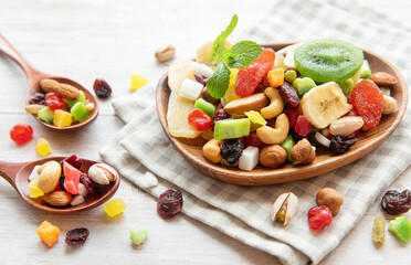 Bowls with various dried fruits and nuts