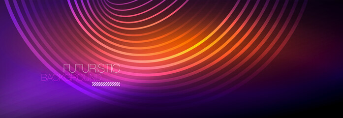 Dark abstract background with glowing neon circles. Trendy layout template for business or technology presentation, internet poster or web brochure cover, wallpaper