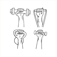 Hands hold dumbbells illustration isolated on white background. Healthy Lifestyle hand drawn vector illustration. Sport revolution concept in doodle design. EPS 10.