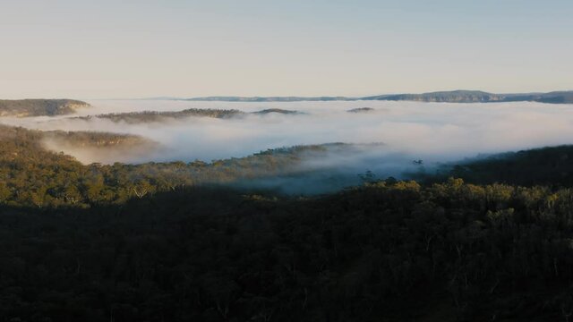 Drone aerial footage of low level cloud and fog in a large valley in The Blue Mountains in regional New South Wales in Australia