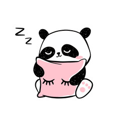 Little panda illustration. Cute hand-drawn panda character hugging a pink pillow. Vector cartoon drawing