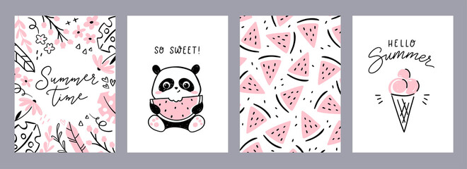 Little panda - set of postcards. Collection of posters dedicated to summer with hand-lettered text and drawings in pink and black colors © tannikart