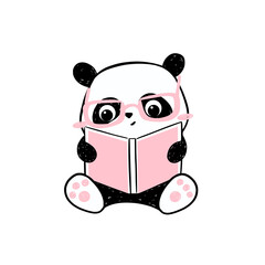 Little panda illustration. Cute hand-drawn panda character  in pink glasses reading a book. Vector cartoon drawing © tannikart