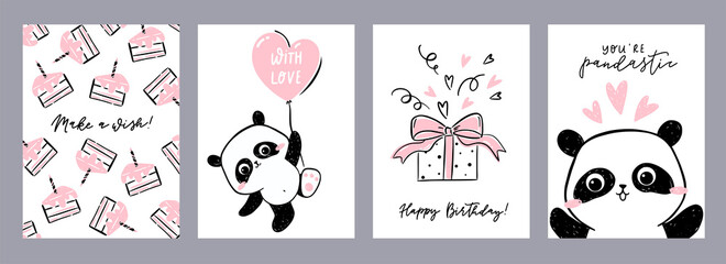 Little panda - set of postcards. Collection of birthday cards with lettering and drawings of cute panda, pieces of cakes and gift box. © tannikart