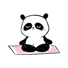Little panda illustration. Cute hand-drawn panda character meditating on yoga mat. Vector cartoon drawing © tannikart