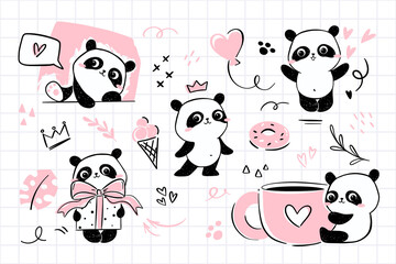 Little panda - small clipart set. collections of illustrations with cute panda character in various poses - hugging cup of coffee, holding a gift, waving, standing with a crown. © tannikart