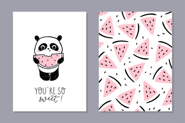 Little panda - set of cards with watermelon. Cute panda character eating watermelon with hand-lettered phrase - you are so sweet. Vector cartoon illustration.
