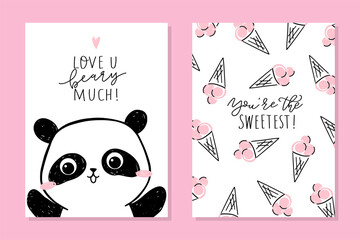 Little panda - set of cards. Cute panda character and text- Love u beary much. Scattered ice-cream illustrations and phrase - You're the sweetest. Vector cartoon art © tannikart