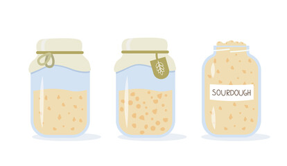 Set of icons of sourdough bread starter in mason jar for home baking. Homemade yeast dough in glass bottle. Healthy organic gluten free diet. Flat cartoon vector illustration.