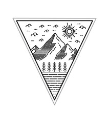 vector design of natural scenery of mountains and lakes in mono line art ,badge patch pin graphic illustration, vector art t-shirt design
