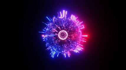 colorful 3d sci-fi alien space object with glowing energy light and sphere at the center, isolated on a black background.