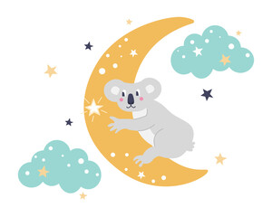 Funny cute koala on the moon among the clouds reaches for the star. Vector flat illustration in cartoon style. Nursery decor, posters, postcards, clothing and interior items