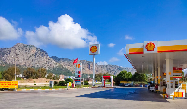 Antalya, Turkey - May 11, 2021: Shell gas station at sunny day at Antalya, Turkey