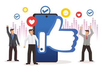 Young people with social media icons with a giant mobile gadget smartphone.