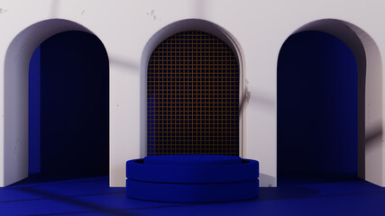 3d render of blue and gold podium. Background with geometric composition, semicircular stand. Modern design.