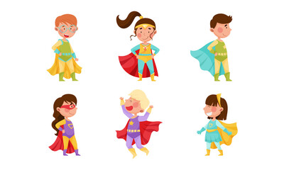 Children Wearing Superhero Costume Pretending to Have Super Power Vector Set