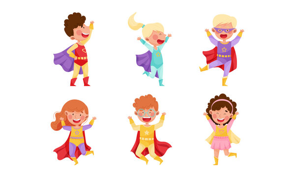 Children Wearing Superhero Costume Pretending to Have Super Power Vector Set