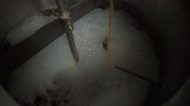 Beer Production, Brewing, Brewery. Making of local craft beer. Close up of beer manufacturing process. Milling, fermentation, boling.