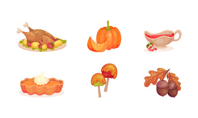 Thanksgiving Day Attributes with Pumpkin Pie and Roasted Turkey Vector Set