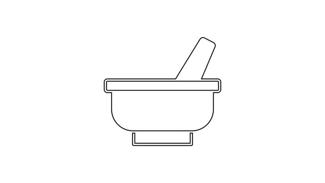 Black line Mortar and pestle icon isolated on white background. 4K Video motion graphic animation