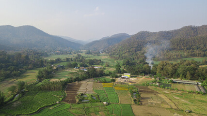 Top view aerial photo from flying drone of landscape with farmland Chiang Mai, Thailand