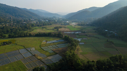 Top view aerial photo from flying drone of landscape with farmland Chiang Mai, Thailand